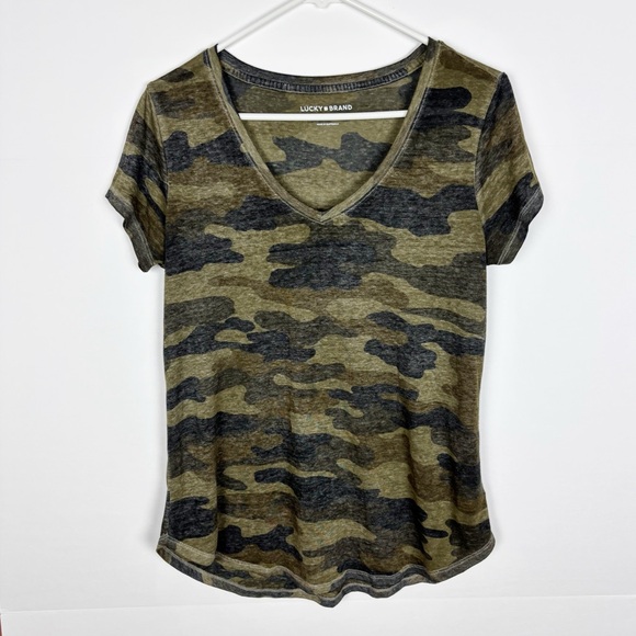 Lucky Brand Camo Print Burnout V Neck T Shirt Size Medium - Picture 5 of 5